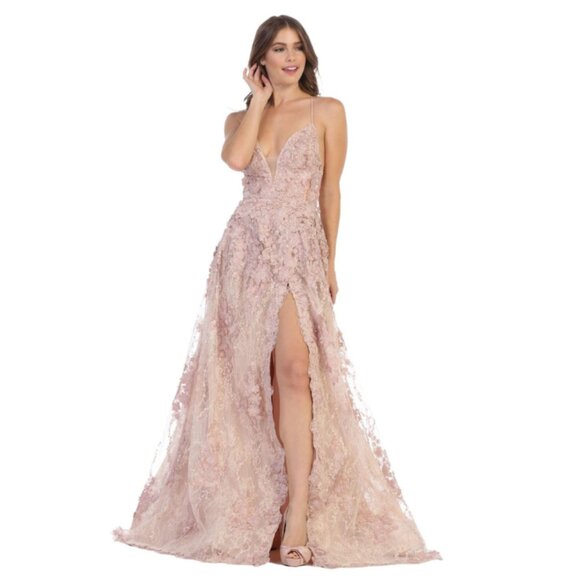 Champagne Prom Long V-Neck Sleeveless A-Line Dress By Royal Queen RQ7738
